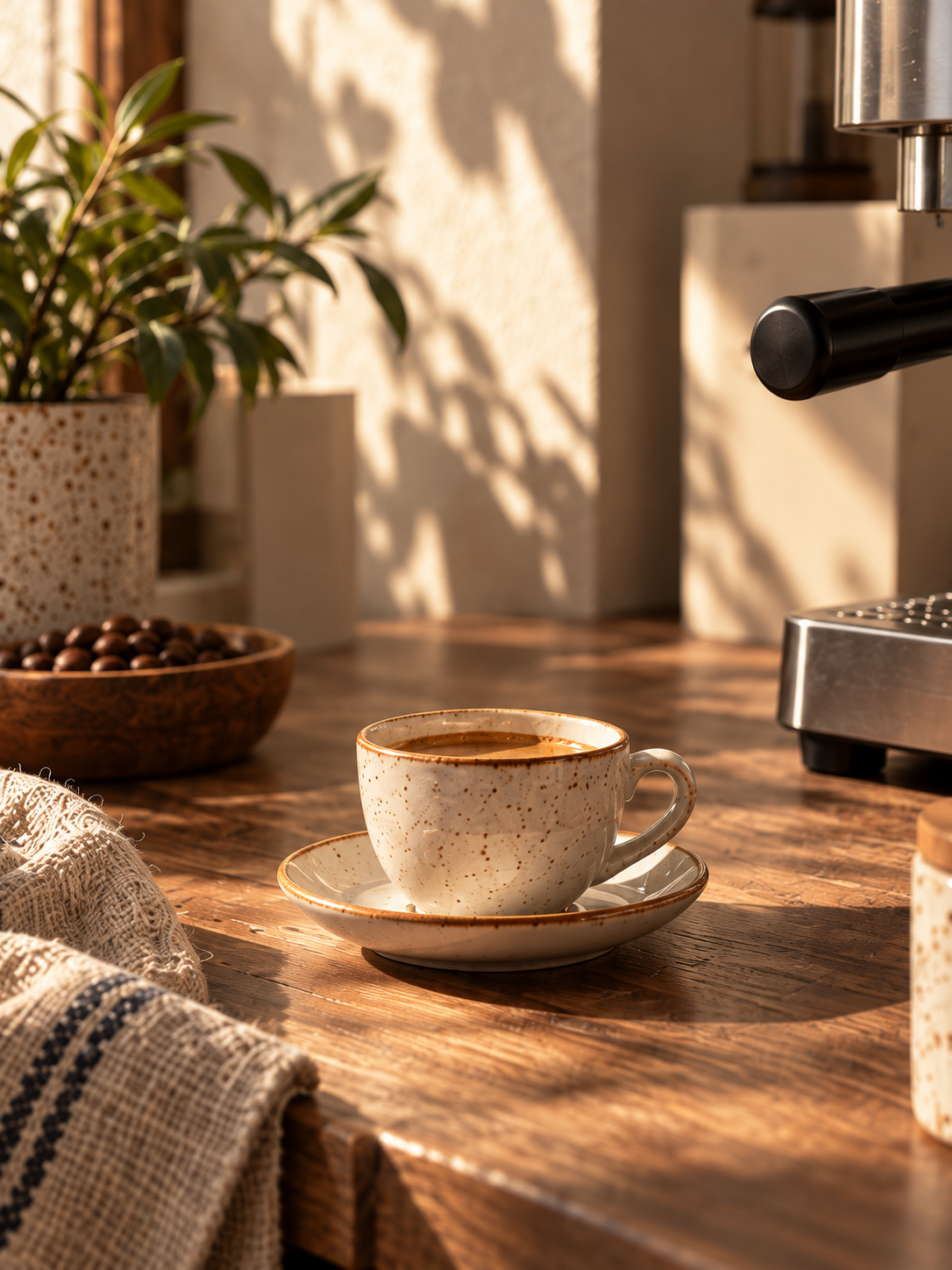 Un rincón de café en casa con taza, lino y luz de ventana. Escena editorial.